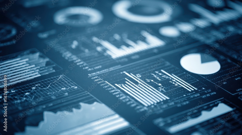 Poster visual representation of data analytics with diverse charts in blue tones