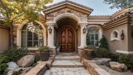 Obraz premium Grand entryway to a luxury home. Stonework, arches, and wooden double doors