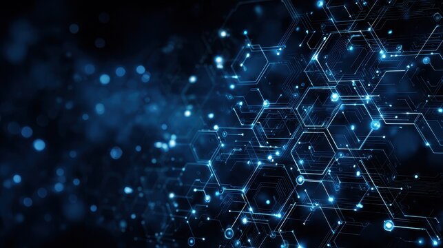 Abstract representation of digital circuits and technology on a dark background with blue lights