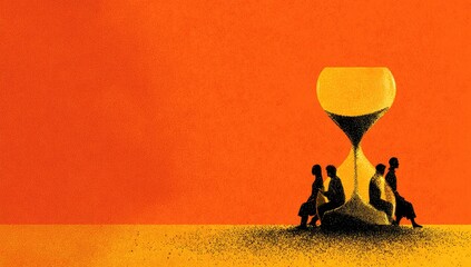 Silhouette figures sit around an hourglass on a vibrant orange background