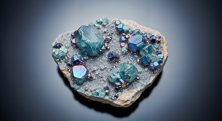 Top-Down View of Color-Adaptive Geode with Icy Crystals and Frosted Shell on Steel Gradient Background
