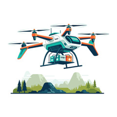 Drone Delivers: A technologically advanced drone delivers medical supplies amidst a mountainous backdrop, emphasizing innovation and rapid response in a dynamic illustrated scenario.