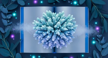 Top-Down View of Color-Adaptive Coral Structure on Frosted Book with Bioluminescent Glow and Cool Foliage
