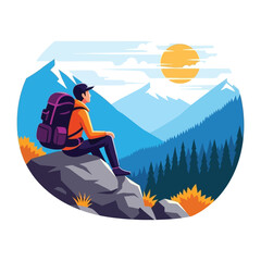 Mountain Serenity: An adventurous individual sits atop a rugged boulder, gazing at a majestic mountain vista, basking in the warmth of the sun, with the towering peaks in the background.  © Ajhar234