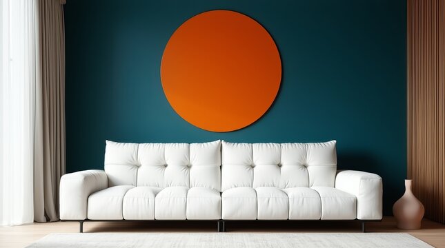 Modern living room with white sofa and bold orange circle wall art