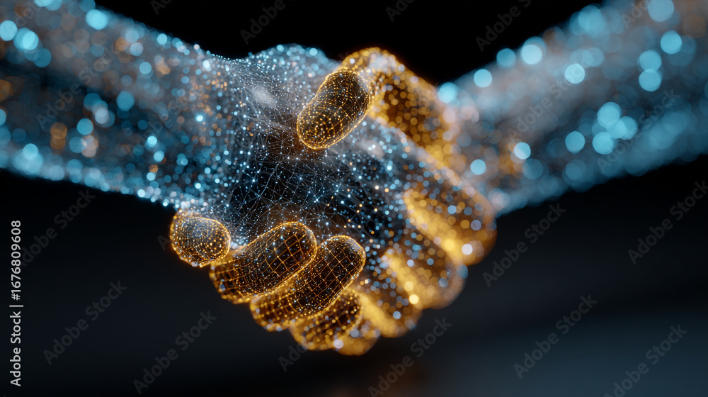 Poster digital handshake with glowing particles representing technology and collaboration concept art