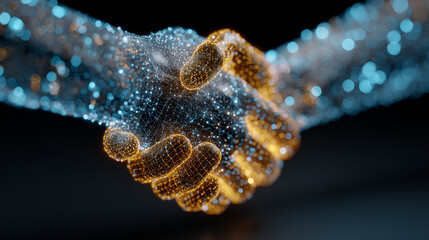 Digital handshake with glowing particles representing technology and collaboration concept art