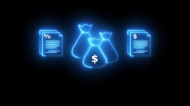 Debt financial concept. Carrying the debt burden, Debt repayment schedule. cyan color ,Person holding Debt icon Bag icon with money, neon style. Neon glowing money bag icon black background.