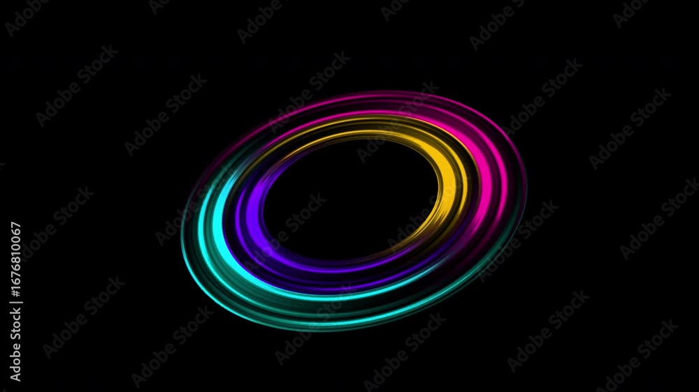 Poster a vibrant and colorful abstract swirl of light trails forming a glowing elliptical shape on a black 