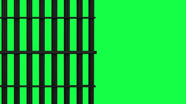 A static camera closeup of a heavy welded iron jail cell door,  jail bars door with alpha matte and green screen,
 3d rendered animation of opening prison door on green screen 