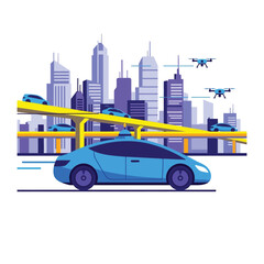 Autonomous vehicles and drones in futuristic cityscape: An illustration of a cityscape showcases the seamless integration of autonomous vehicles and drones, paving the way for smart urban mobility. 