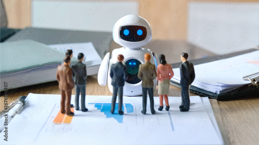 Poster a meeting involving a robot and group of people, symbolizing ai and business integration. the robot 