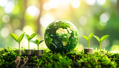 A concept image of a small Earth surrounded by plant seedlings and moss, symbolizing environmental and financial balance