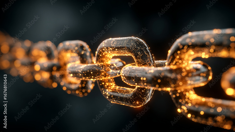 Aufkleber close up of a metal chain with glowing particles on a dark background in a macro photograph