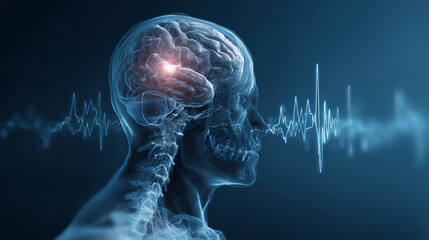 Male head with brain activity on blue background with brain waves - EEG Stock Illustration