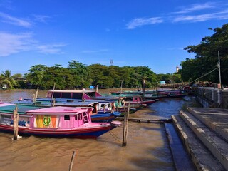 Traditional Wooden Boats at Martapura River, Banjarmasin, Indonesia