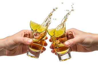 Two tequila shots toasting drink glass with splashes isolated on transparent background