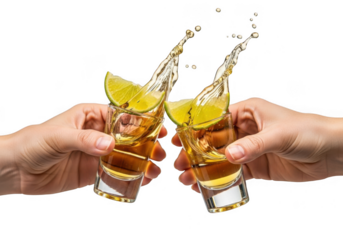 Two tequila shots toasting  drink  glass with splashes isolated on transparent background