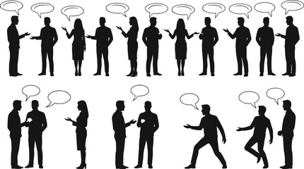 Vector illustration of diverse business people and professionals in silhouette talking, discussing, and communicating with speech bubbles in meetings.