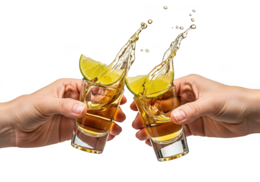 Two tequila shots toasting  drink  glass with splashes isolated on transparent background