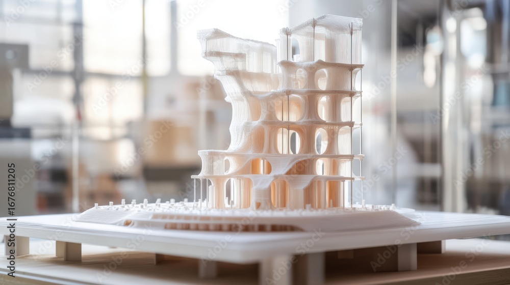 Poster 3d printed architectural model of a unique structure.