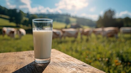 Fresh milk from pitcher into the glass with grass field and cows with a natural background,fresh milk ad template banner,Cows live on natural pastures, packaging with milk packs concept.