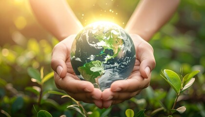 Human hands cradling a glowing Earth, symbolizing environmental care and global harmony.