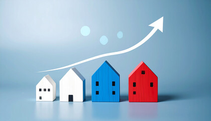 Real estate market growth illustrated with ascending arrow and model houses