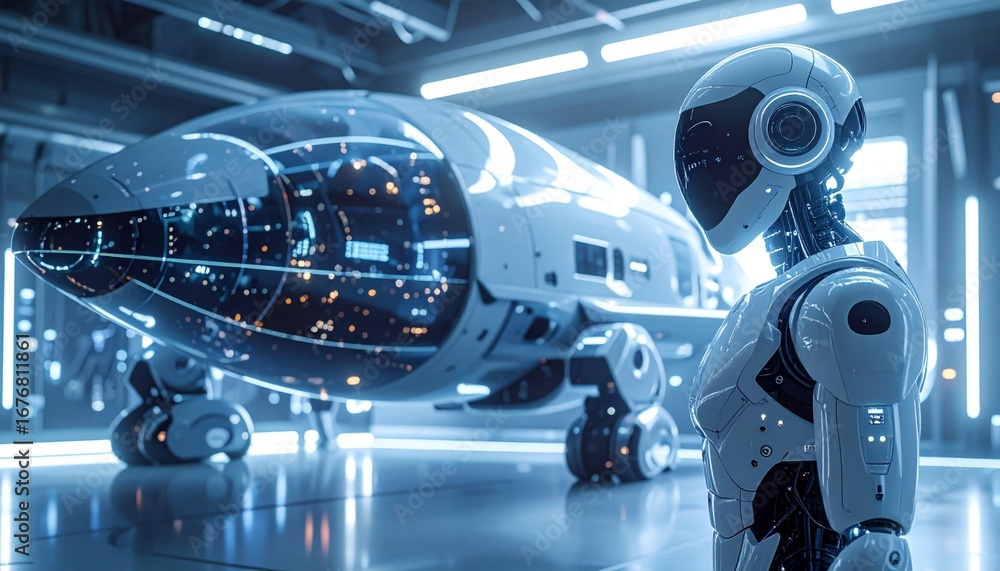 Poster a futuristic scene featuring a sleek spaceship and a detailed humanoid robot. the image has a modern