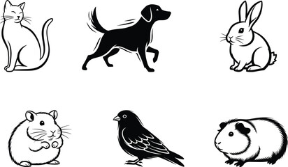 cat, dog, rabbit, hamster, bird, guinea pig, pet silhouettes, cartoon animals, black vector art, cute pets illustration, flat vectorizer