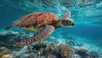 Obraz premium Sea turtle glides through coral reef