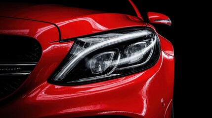 Close-up of a red luxury car headlight with sleek design highlighted by dramatic lighting