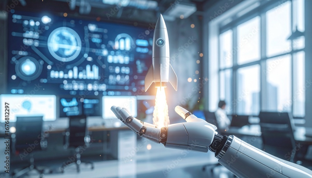 Poster a futuristic image of a robotic hand holding a rocket with the background of an office and a digital