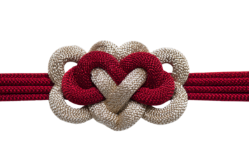 Intricate red and gold knot forming a heart shape, isolated on transparent background