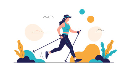 Active woman engages in nordic walking enjoying outdoor scenery and healthy lifestyle practices
