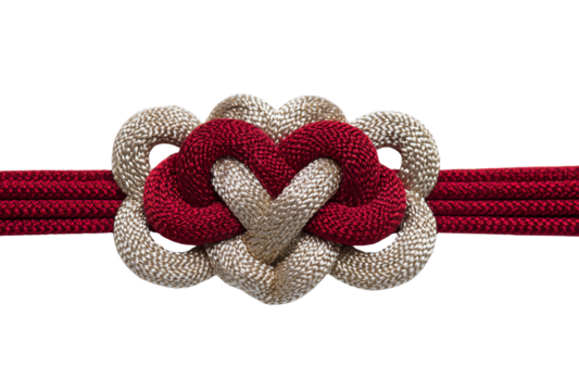Intricate red and gold knot forming a heart shape, isolated on transparent background