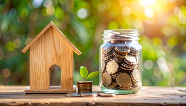 A concept of saving for a house, featuring a model house, money, and a growing plant