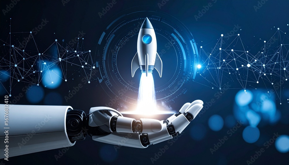 Poster a futuristic digital rendering of a rocket launch held by a robotic arm