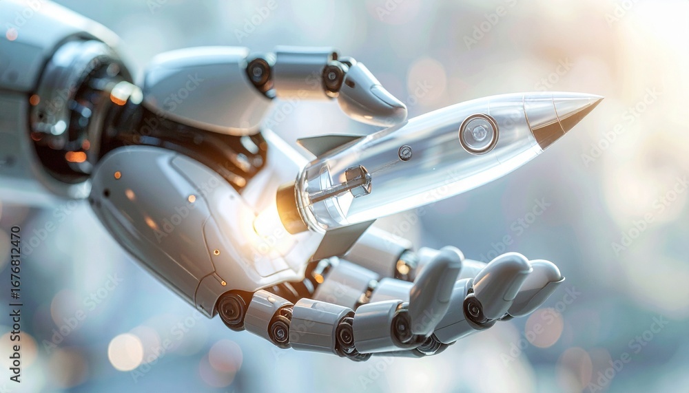 Poster a robotic hand gently cradling a miniature rocket, representing innovation and technological progres
