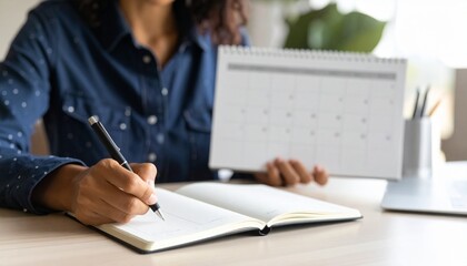 Fototapeta premium Focused image of a person sitting at a desk, writing in a notebook while holding a calendar