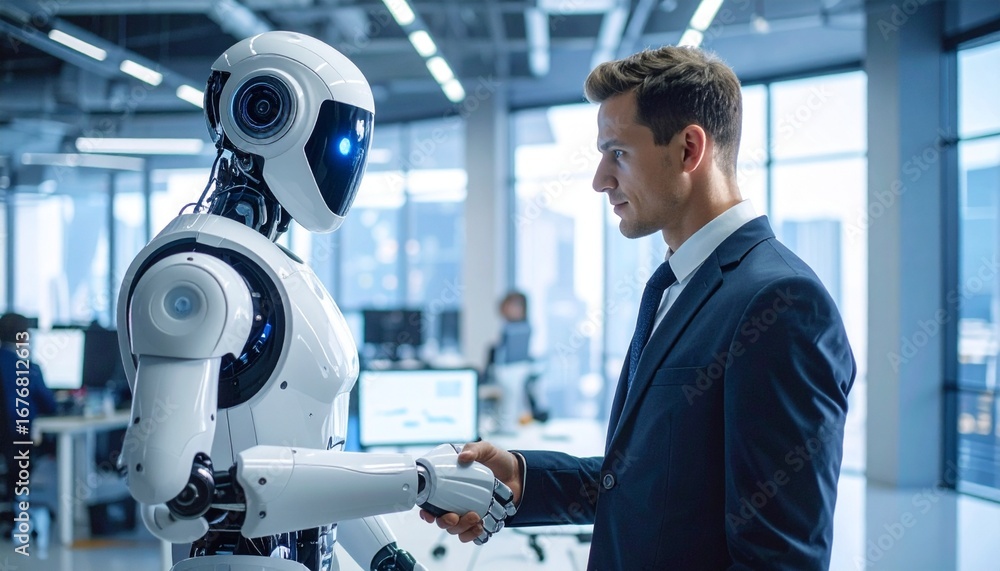 Poster a businessman shaking hands with an artificial intelligence robot in a modern office setting