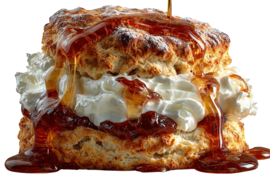 Delicious scone with cream and jam being drizzled with honey on transparent background