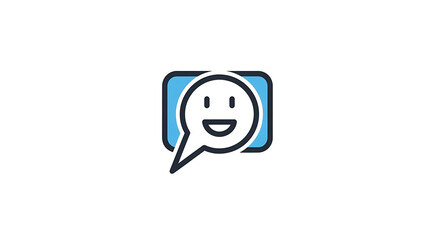 A stylized icon of a smiling face inside a speech bubble with a blue rounded rectangle behind it ai generated