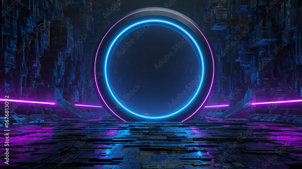 Poster futuristic scene with neon circle and lines against a dark textured background and reflective floor