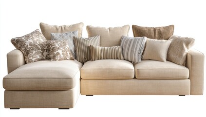 Light beige sectional sofa with numerous patterned and textured pillows