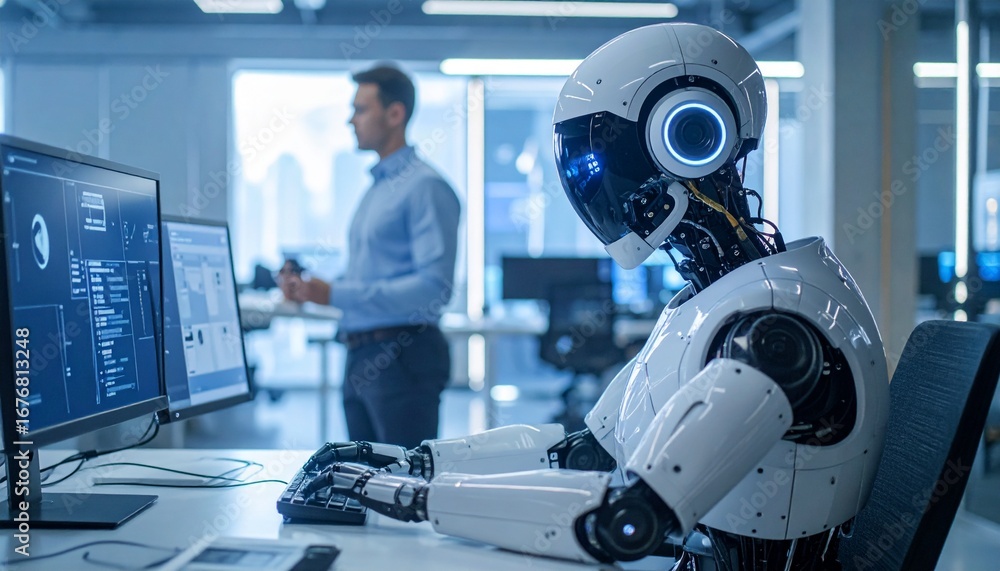 Poster a humanoid robot working on computer monitors in an office environment, with a human worker in the b