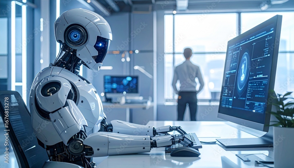 Poster a futuristic robot working at a desk, with advanced technology and a human observer in the backgroun