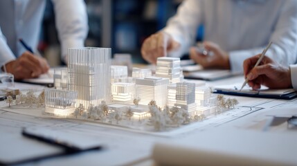 Urban development team collaborates on architectural model design in modern workspace