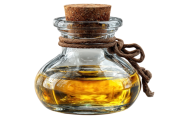 Aromatic oil in a vintage glass bottle with a cork stopper and twine on transparent background