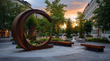 Modern Urban Sculpture Surrounded by Lush Greenery in a City Park at Sunset